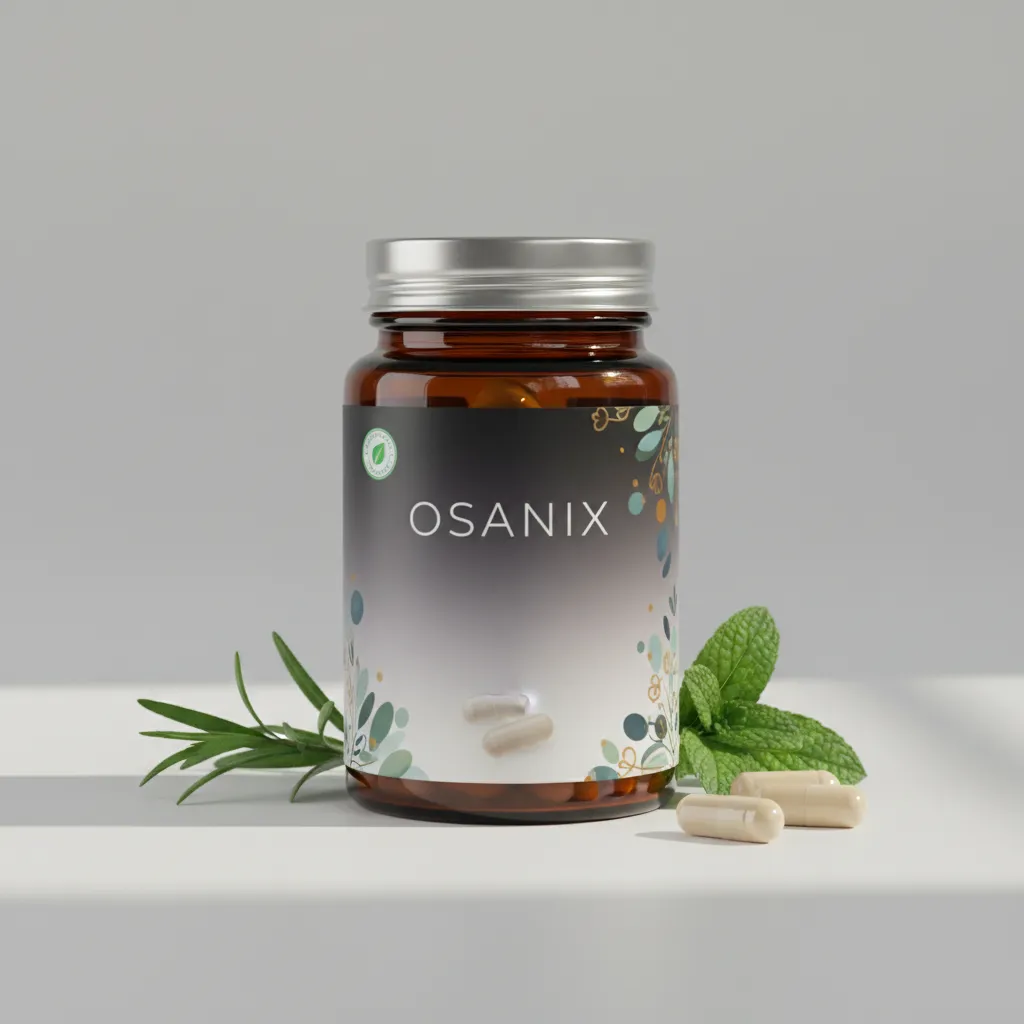 Osanix ravintolisäpurkki, valkoinen kierrekorkkipullo violetilla gradienttietiketillä